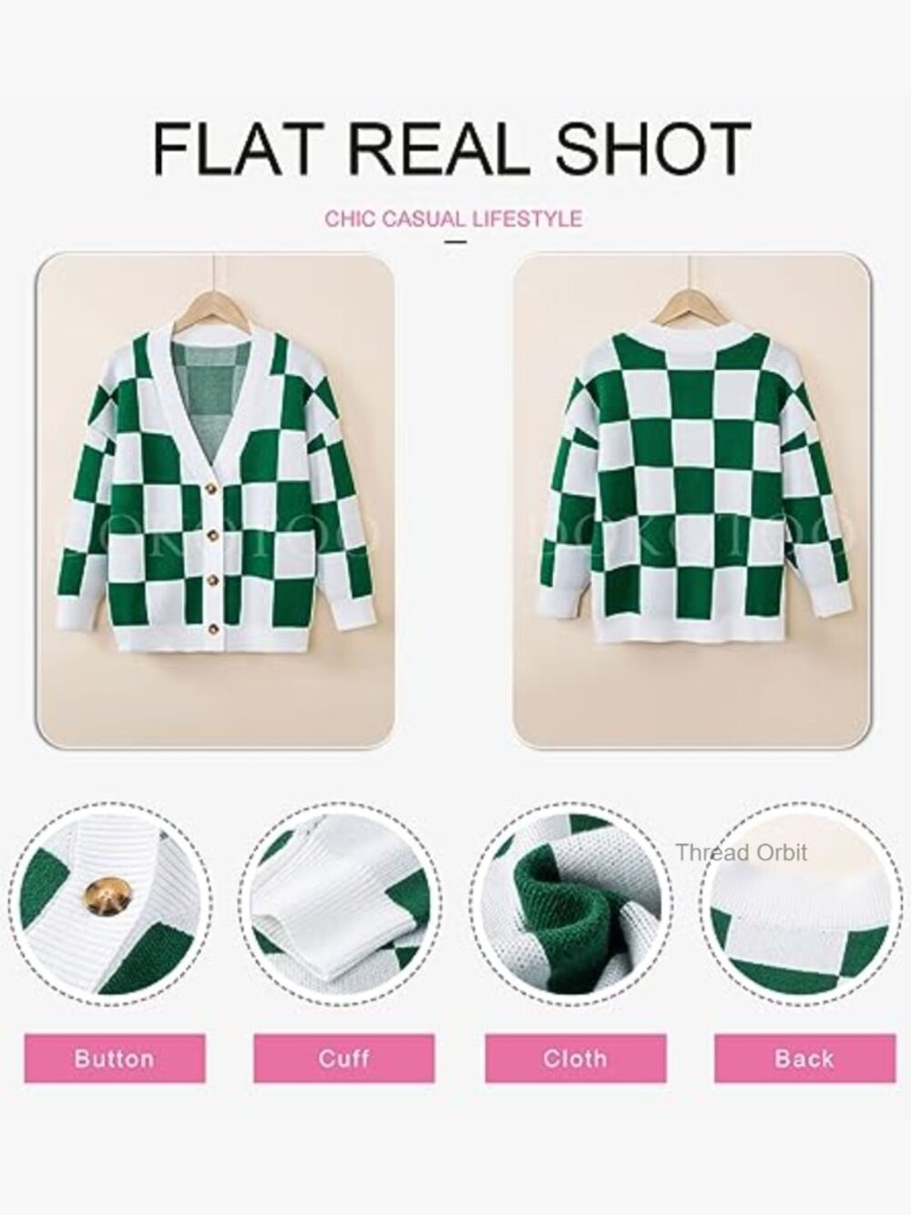 Oversized Cable Knit Cardigan Plaid V-Neck Button Down Long Sleeve - Picture 6 of 7